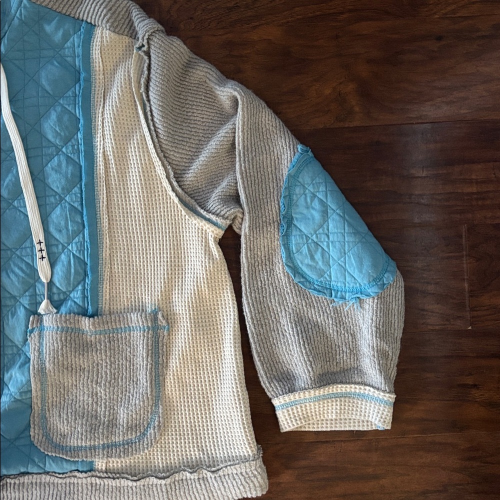 POL Quilted/Waffle Knit Hooded Shaket- Blue and Cream - Picture 3 of 8